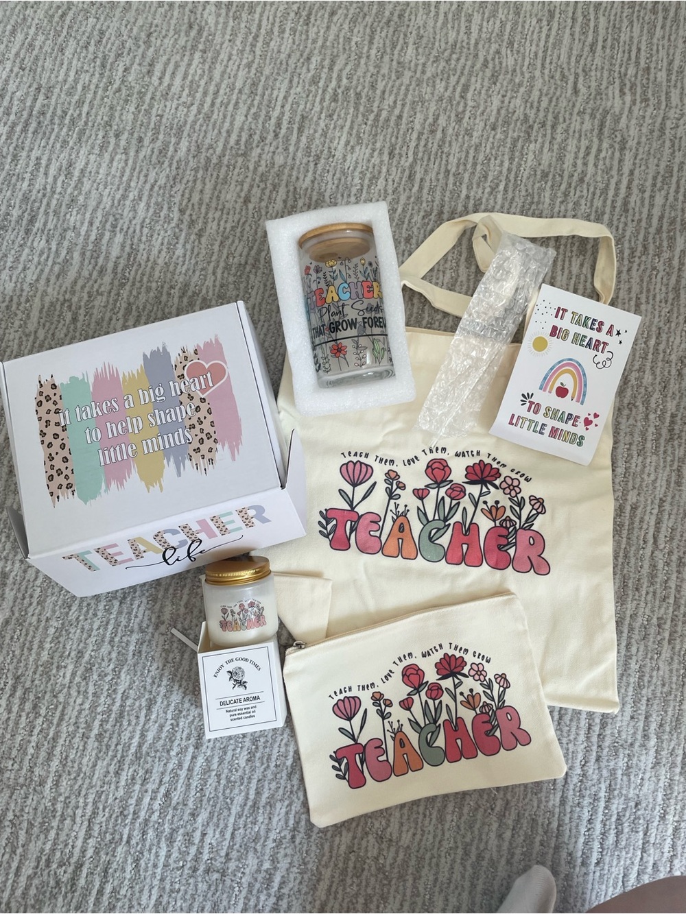 Amazon Floral Teacher Tote, Zipper Pouch, Glass Tumbler/Straw and Candle